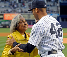 Mrs. Rachel Robinson with the last major league player ever to wear #42, Mariano Rivera {Source: Google Images}